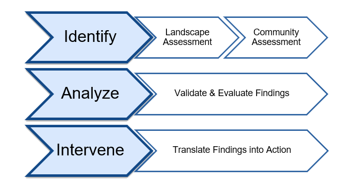 Three horizontal arrow-shaped rows show a process with three phases. The top row is labeled “Identify” and points to two steps: “Landscape Assessment” and “Community Assessment.” The middle row is labeled “Analyze” and points to “Validate & Evaluate Findings.” The bottom row is labeled “Intervene” and points to “Translate Findings into Action.”