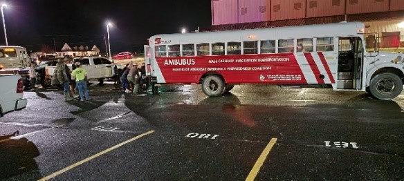 The AMBUBUS has capacity to transport 12 stretcher patients in addition to 12 ambulatory patients