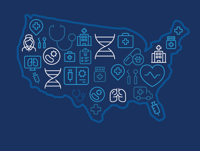 Illustrated map of the United States with medical and health icons